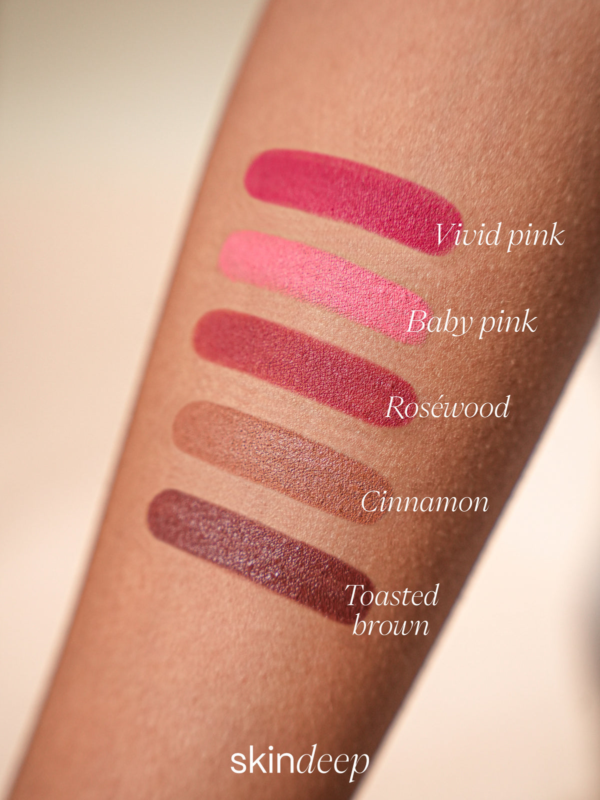 POP Line forearm swatches labeled Vivid Pink, Baby Pink, Rosewood, Cinnamon and Toasted Brown